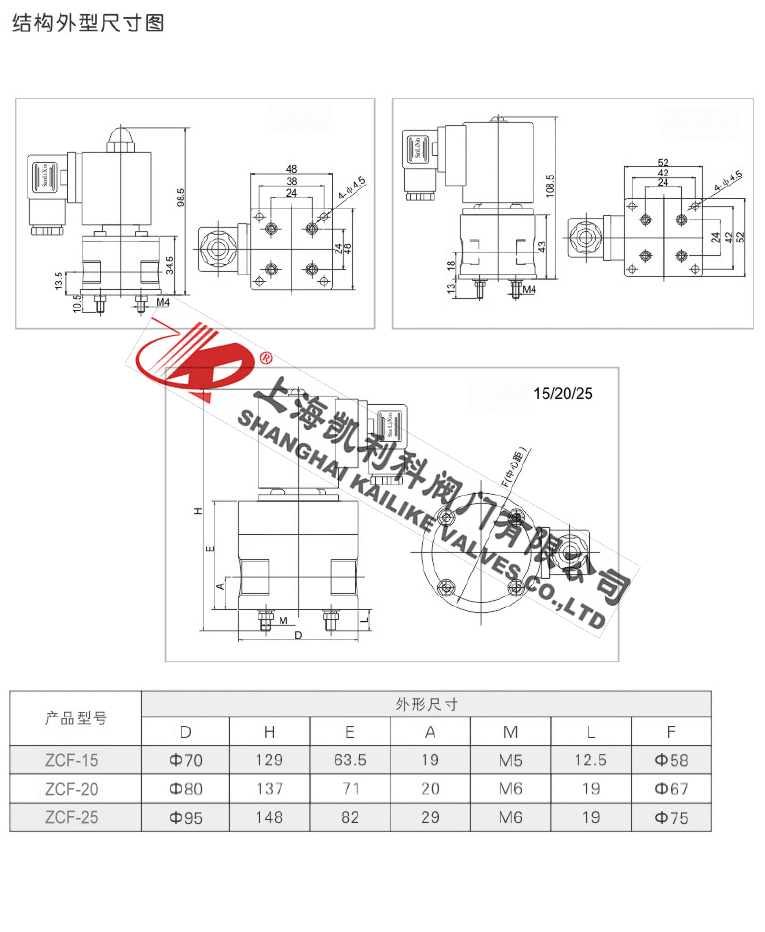 ZCF聚四氟電磁閥結構尺寸圖